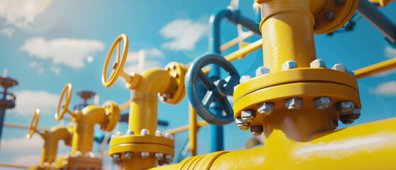 Sunlit yellow gas pipes with valves against a clear blue sky. - obrazy, fototapety, plakaty