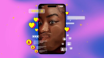 Funny video content. Young African girl leading live stream, leaning closely to phone. Entertainment with followers. Comic blogger. Creative design. Concept of social media, blogging, communication