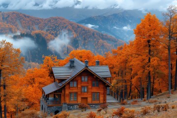 Modern beautiful wooden house in a mountain forest in an autumn landscape