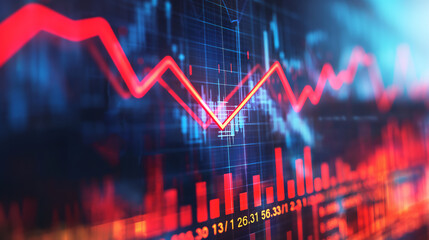 A dynamic display of financial market data showing a glowing downward trend graph amidst digital stock numbers, illustrating a market decline or recession - obrazy, fototapety, plakaty