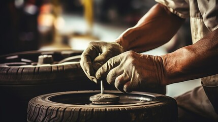 Skilled mechanic performing brake replacement on a car during routine maintenance - obrazy, fototapety, plakaty