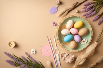 Fototapeta na wymiar Easter concept. Top view photo of paintbrushes colorful easter eggs in bowl wooden bunnies chicken pink ribbon nest and lavender flowers on isolated beige background with copy space, Generative AI