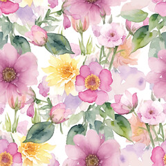 Beautiful blooming watercolor flower seamless pattern