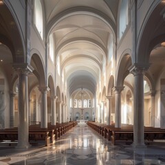 Obraz premium Cathedral garden path pristine marble and minimalist poles leading under arches