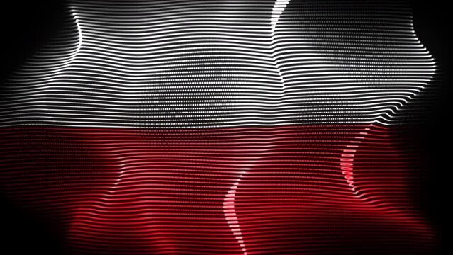 Republic of Poland flag waving in the wind on black background. Concept of patriotism, statehood and national identity. Flapping Poland flag made of wavy digital pixelated lines, 4K looped video