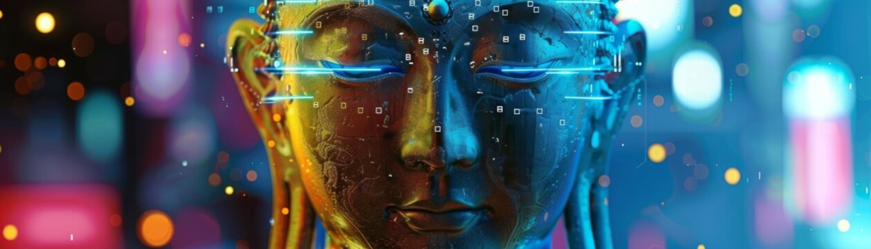 Digital matrix illuminating a Buddha in meditation a visual metaphor for the convergence of technology and spirituality