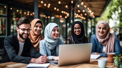 Group of Muslim students viewing a training program together on laptop with a positive mood and sharing their impressions with each other