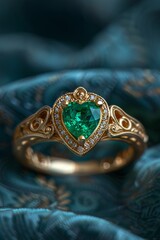 Top view of a gold jewelry ring with green emerald stones in the shape of a heart, selective focus