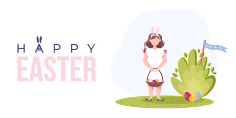 Egg hunt. Happy Easter web banner, greeting. Girl with rabbit ears and with basket with eggs going for an egg hunt. Easter celebration, family holiday tradition. Flat cartoon vector illustration.