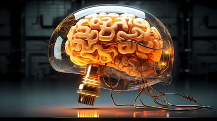 Ein Gehirn mit Kabeln und Drähten eingeschlossen in Glas.
