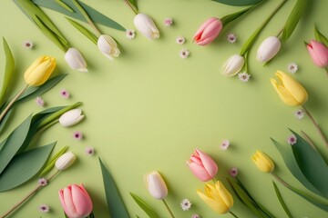 Mother's Day concept. Top view photo of fresh flowers pink white yellow tulips and pussy-willow branches on isolated light green background with empty, Generative AI 