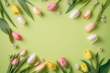 Mother's Day concept. Top view photo of fresh flowers pink white yellow tulips and pussy-willow branches on isolated light green background with empty, Generative AI 
