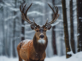 Noble deer male in the winter snow forest. Artistic winter Christmas landscape.