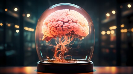 Ein Gehirn mit Kabeln und Drähten unter einer Glaskuppel.