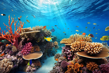 A magnificent coral reef under clear turquoise waters, bustling with diverse marine life. Generative AI tools