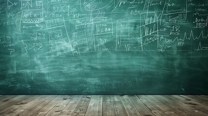 A dusty black chalkboard with complex equations and diagrams written in white chalk, symbolizing education, learning, and academic research in mathematics. - obrazy, fototapety, plakaty