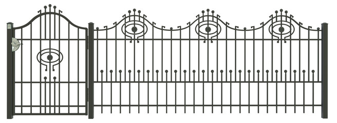 Sections of forded fence with posts and a gate. Wrought iron fence. 3D render, PNG.