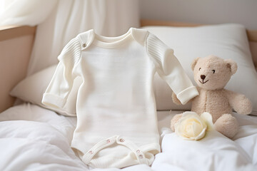 White baby bodysuit with a stuffed animal