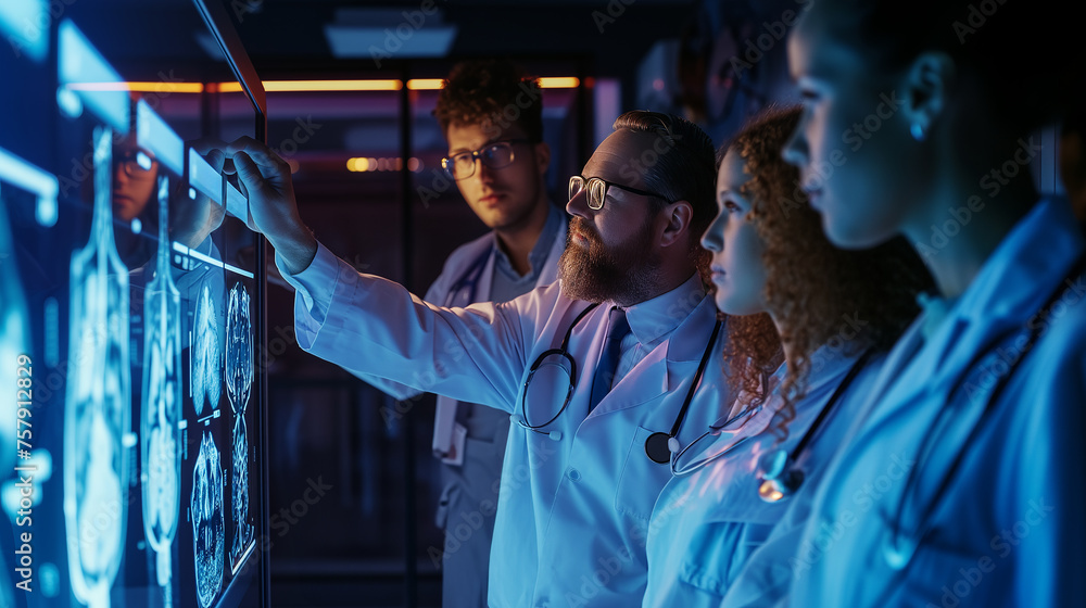 Poster teamwork and expertise combine as doctors collaborate on analysis of brain scans on digital screens