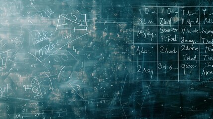 A dusty black chalkboard with complex equations and diagrams written in white chalk, symbolizing education, learning, and academic research in mathematics.