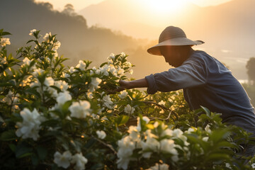 A local resident in Asia collects jasmine at sunset. Generative AI tools - obrazy, fototapety, plakaty