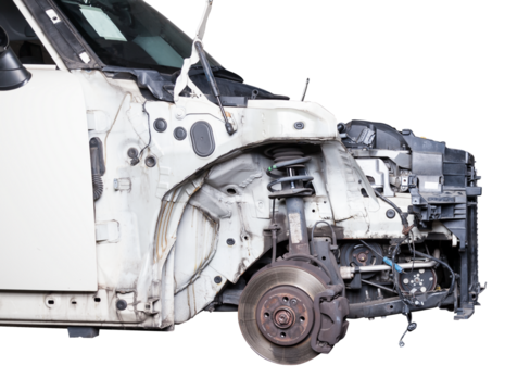 The front part of the car after an accident in a car repair service with a disassembled hood and metal grille and various parts in the garage box.