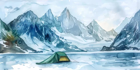 Foto auf Leinwand Watercolor landscape with mountains, lake, green tent © Denira
