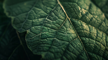 Green leaf close up, macro foliage with sunlight