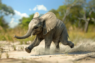 Fototapeta premium Elefanten in der Wildnis - junger rennender Elefant