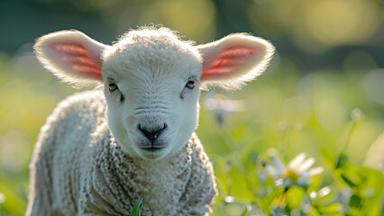 Fototapeta premium Lamb Frolicking in a Farm Garden: Charming Scene of Domestic Animal Farming in Agriculture