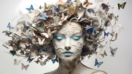 Ein Frauenkopf aus Papier mit vielen Papier Schmetterlingen.