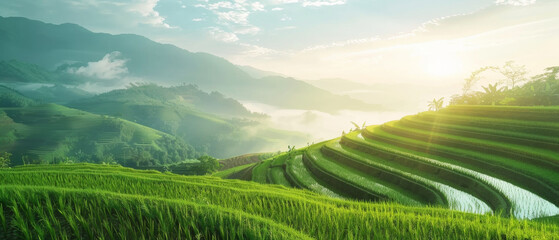 Breathtaking sunrise over terraced rice paddies, with mist rolling through the green valleys.