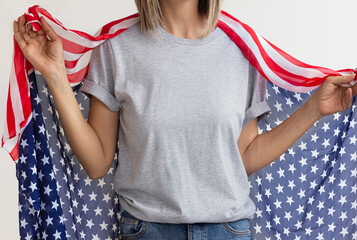 4th of July USA Independence Day , Girl Gray  t shirt mock up. Copy space Grey t-shirt model....