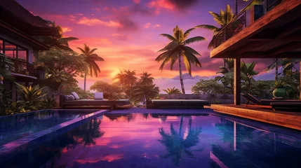 Selbstklebende Fototapeten villa, blue pool, watermelon, birds of paradise, purple orange sky created with Generative Ai © Maria