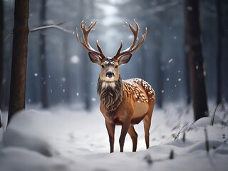 Fototapeta premium Noble deer male in the winter snow forest. Artistic winter Christmas landscape.