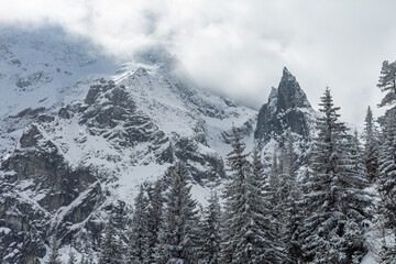 Polish Tatra mountains in winter with snowy trees and frozen Mnich (Monk) rocky mountain near morskie oko lake without people. High mountains covered with clouds. - obrazy, fototapety, plakaty