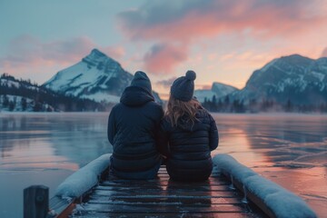 A couple is sitting on a dock overlooking a lake