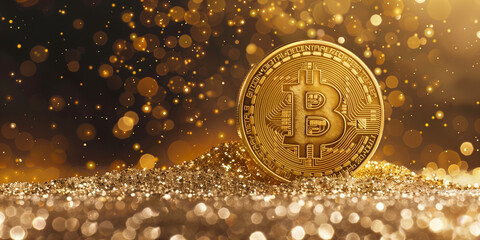 Bitcoin emerges from a shimmering gold backdrop, symbolizing wealth and prosperity in cryptocurrency