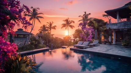 Fototapeta premium villa, blue pool, watermelon, birds of paradise, purple orange sky created with Generative Ai