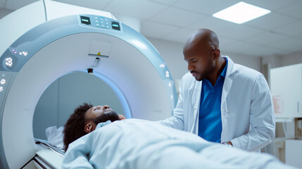 In a modern hospital, a doctor guides patient into the MRI scanner with care and expertise