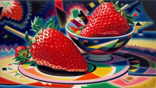 Surreal image of strawberries presented on multicolored plates, with an abstract backdrop.