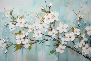 Textured thick painting of blossoming tree branch with white flowers set against teal background. Almond or apple blossoms, oil art.