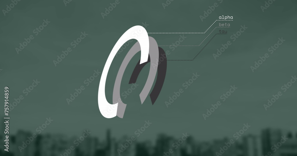 Poster image of round scanner and data processing against aerial view of tall buildings