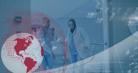Image of data processing with globe over diverse doctors and patient at hospital