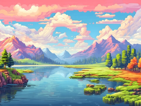Pixel art illustration depicts a vibrant colorful landscape
