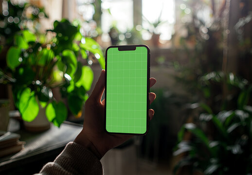 Female Hand Holding Mobile Device Mockup With Generative ai