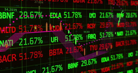 Image of data processing and stock market over black background