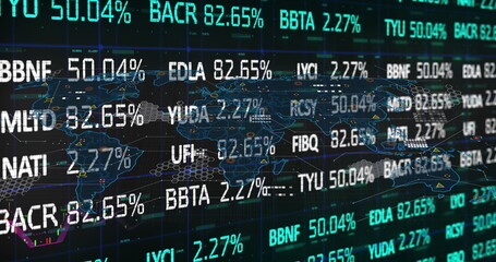Image of data processing and stock market over world map on black background