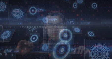 Image of scope scanning with icons and data processing over caucasian hacker in server room