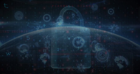 Image of scope scanning with padlock icon and data processing over globe